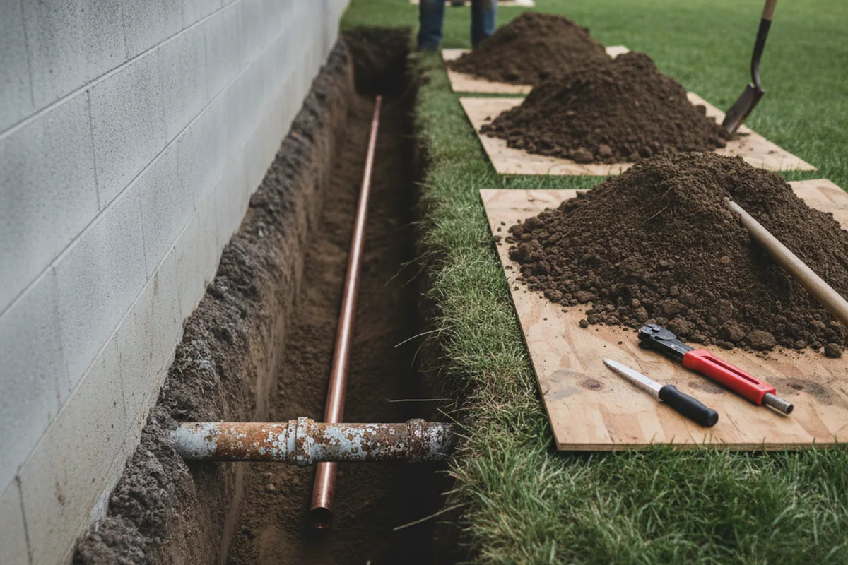 Excavated water line trench during Sewer Line Repair in Garrett Park